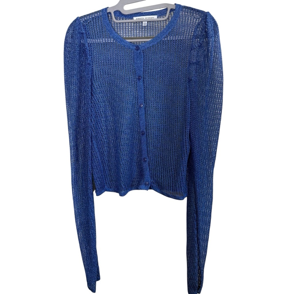 Rebecca Minkoff Metallic Blue Open Mesh Knit Cardigan Crop Sweater sz S